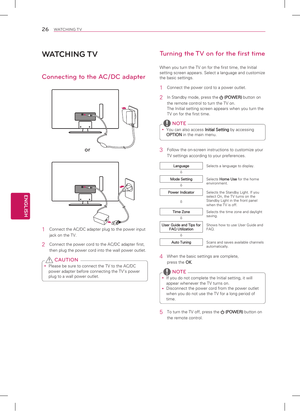 Watching tv, Connecting to the ac/dc adapter, Turning the tv on for the first time | LG 22LN4500 User Manual | Page 26 / 32