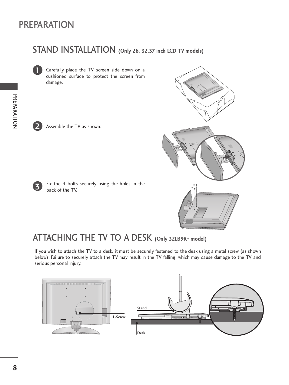 Attaching the tv to a desk (only 32lb9r* model), Preparation, Stand installation | Attaching the tv to a desk | LG 42LB9R User Manual | Page 10 / 88