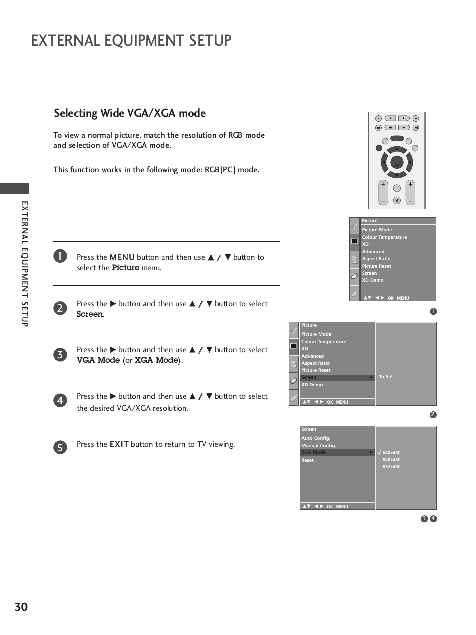 Selecting wide vga/xga mode, External equipment setup, External eq uipment setup | Button to select the picture menu. press the, Button and then use, Button to select screen . press the, Button to select vga mode (or xga mode). press the | LG 42LB9R User Manual | Page 32 / 88