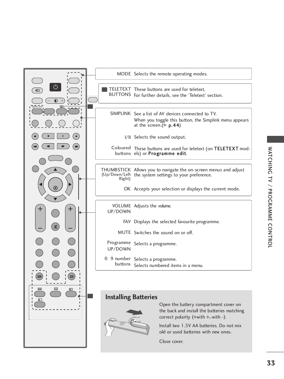 Installing batteries, Wa tching tv / pr ogr amme contr ol | LG 42LB9R User Manual | Page 35 / 88