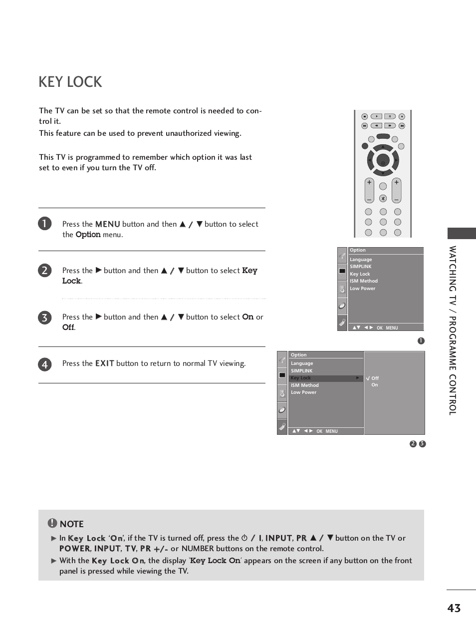 Key lock, Wa tching tv / pr ogr amme contr ol | LG 42LB9R User Manual | Page 45 / 88