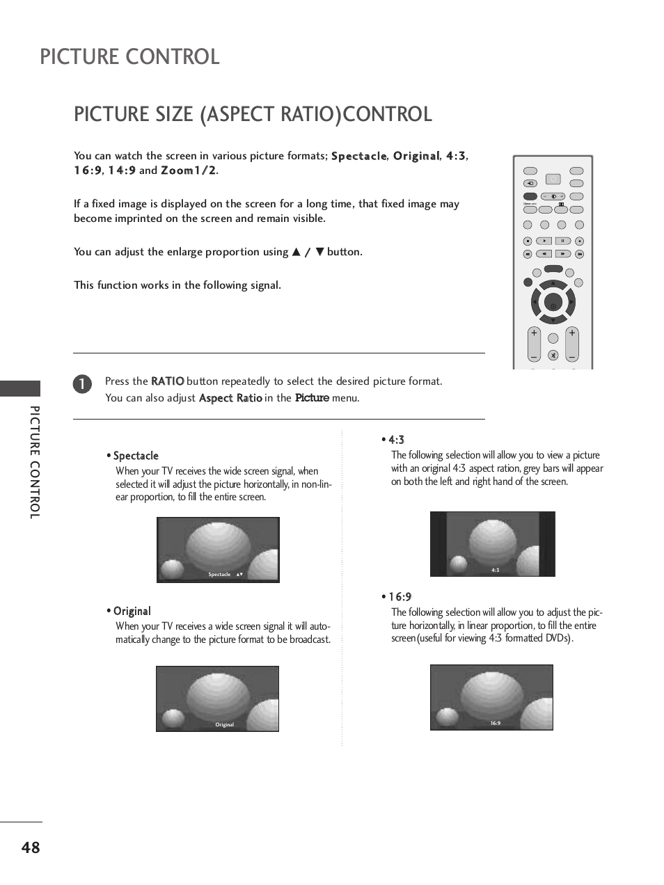 Picture size (aspect ratio)control, Picture control, Picture contr ol | LG 42LB9R User Manual | Page 50 / 88