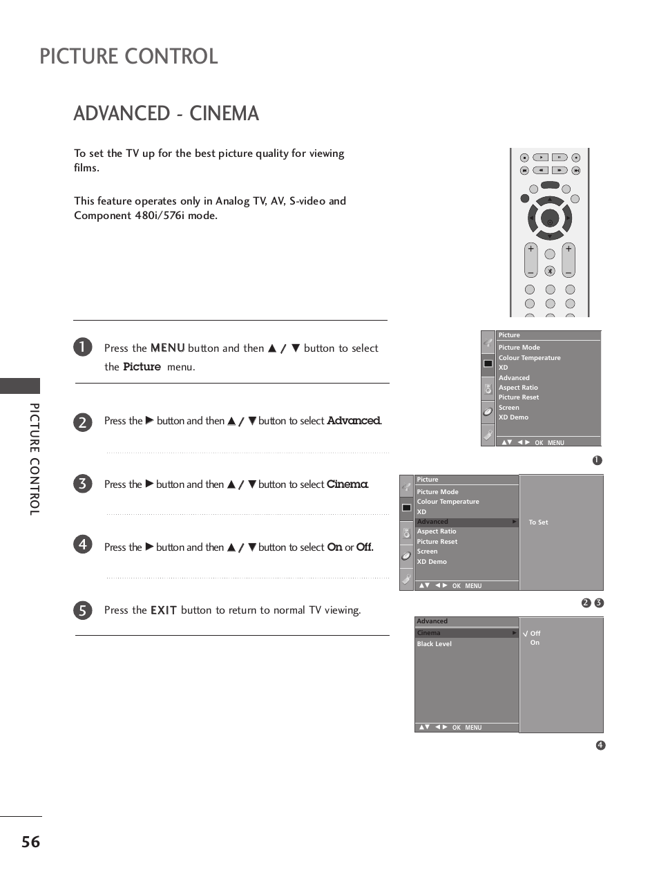 Advanced - cinema, Picture control, Picture contr ol | Button to select the picture menu. press the, Button and then, Button to select advanced. press the, Button to select cinema. press the | LG 42LB9R User Manual | Page 58 / 88