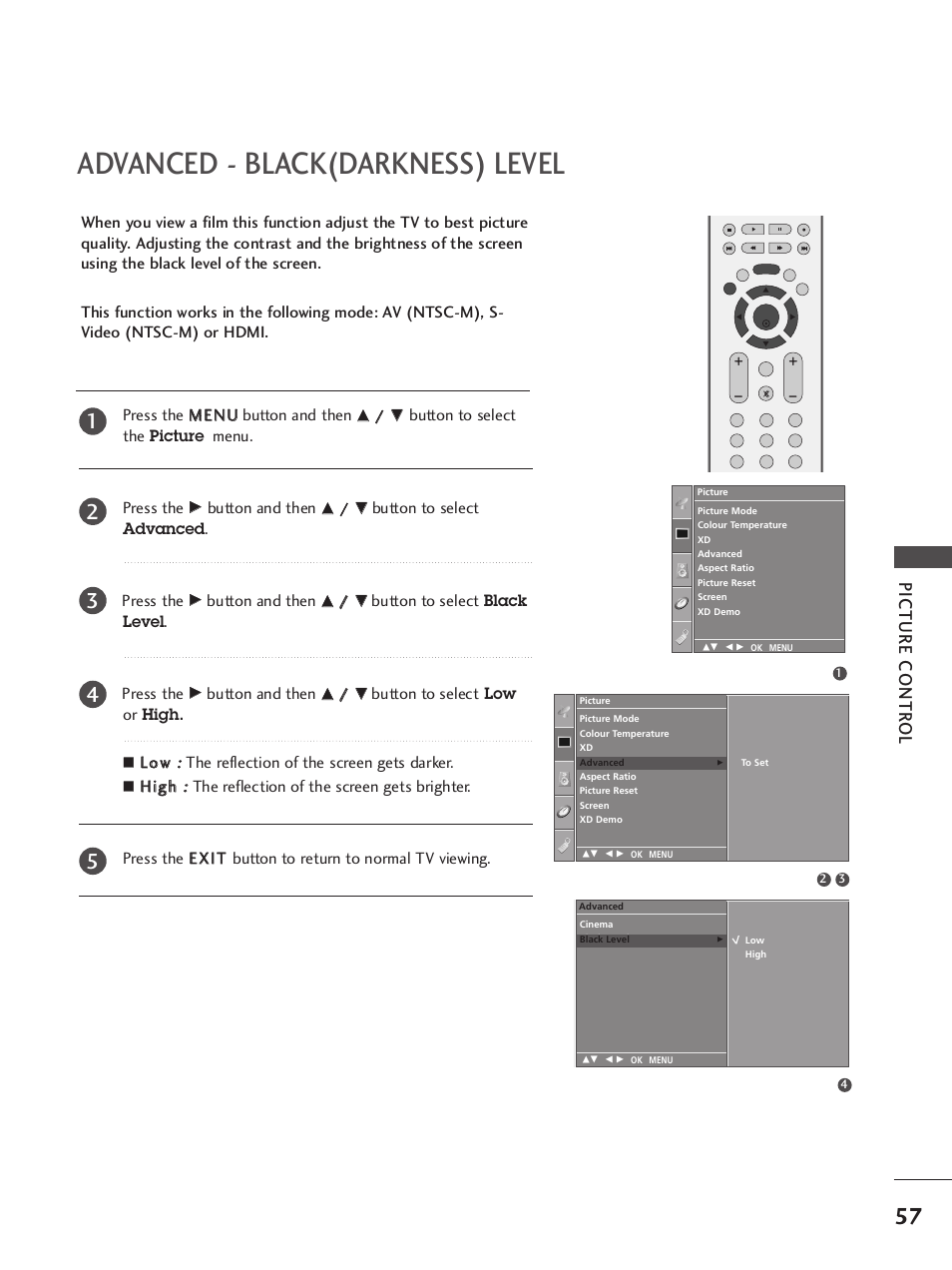 Advanced - black(darkness) level, Picture contr ol, Button to select the picture menu. press the | Button and then, Button to select advanced . press the, Button to select black level . press the, Button to select low or high, The reflection of the screen gets darker | LG 42LB9R User Manual | Page 59 / 88