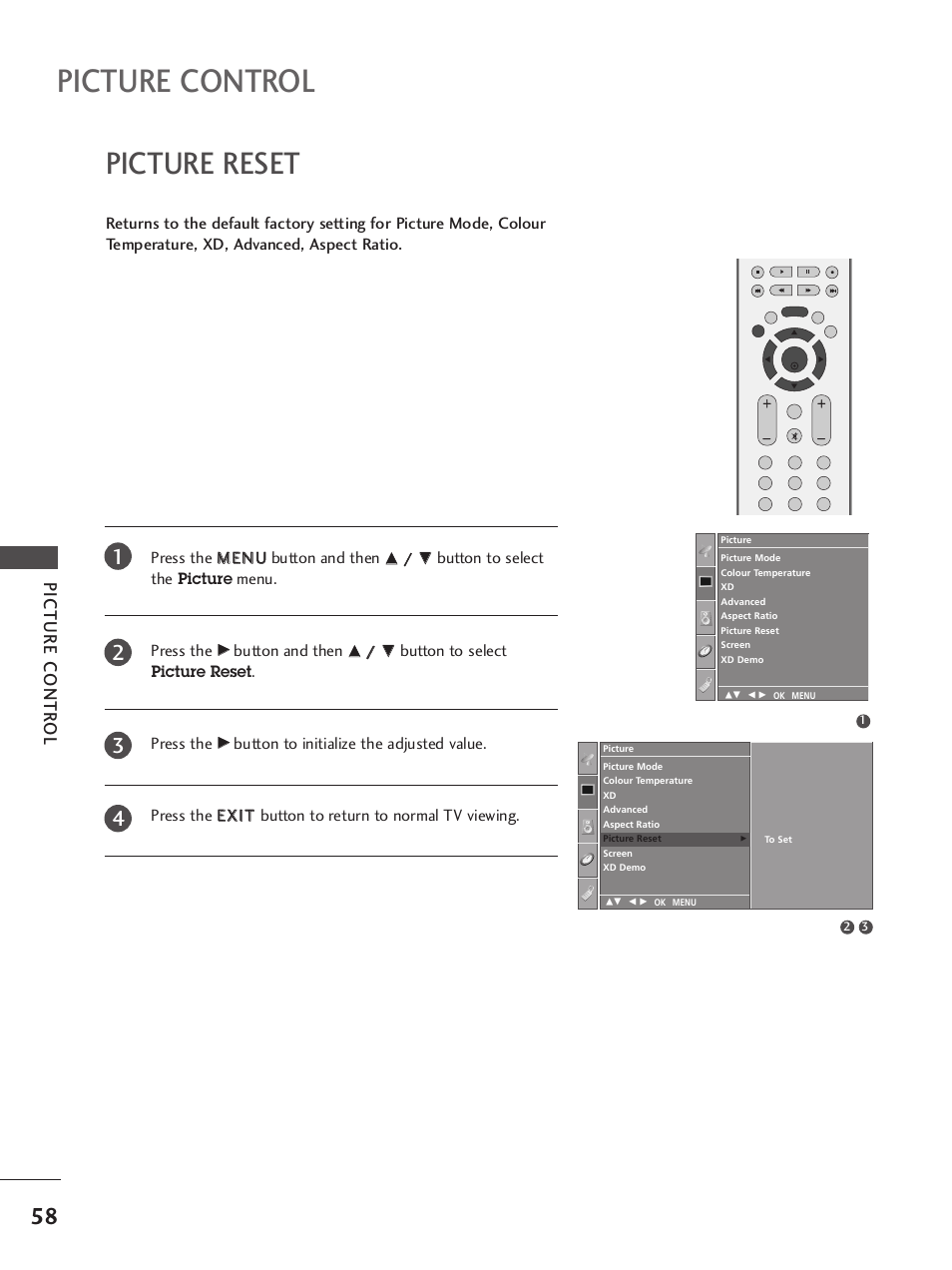 Picture reset, Picture control, Picture contr ol | Button to select the picture menu. press the, Button and then, Button to select picture reset . press the | LG 42LB9R User Manual | Page 60 / 88