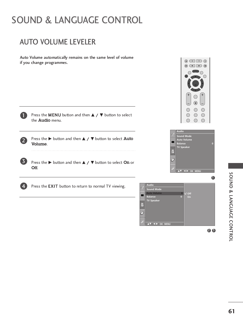 Sound & language control, Auto volume leveler, Sound & langu a ge contr ol | LG 42LB9R User Manual | Page 63 / 88