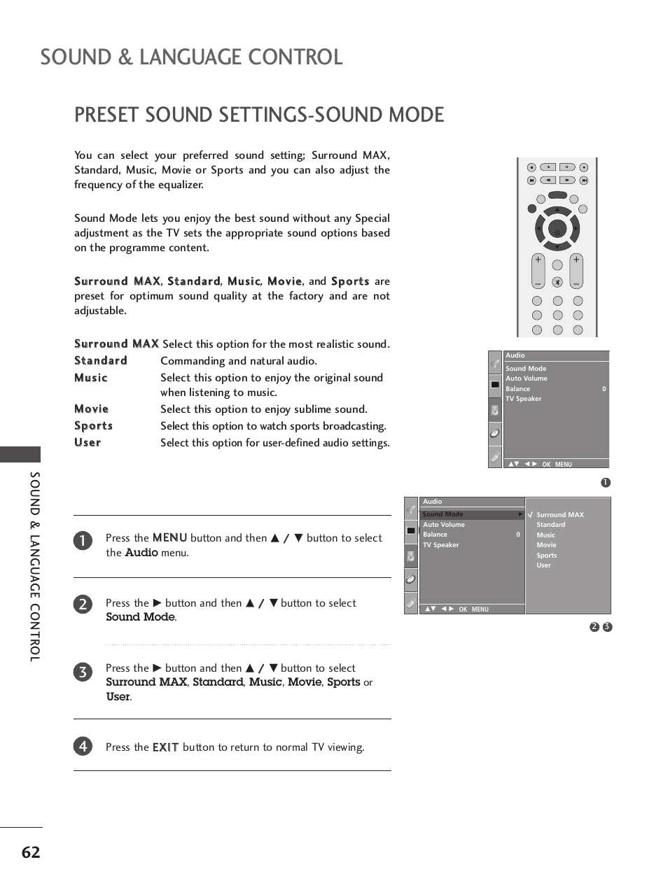 Preset sound settings-sound mode, Sound & language control, Sound & langu a ge contr ol | LG 42LB9R User Manual | Page 64 / 88