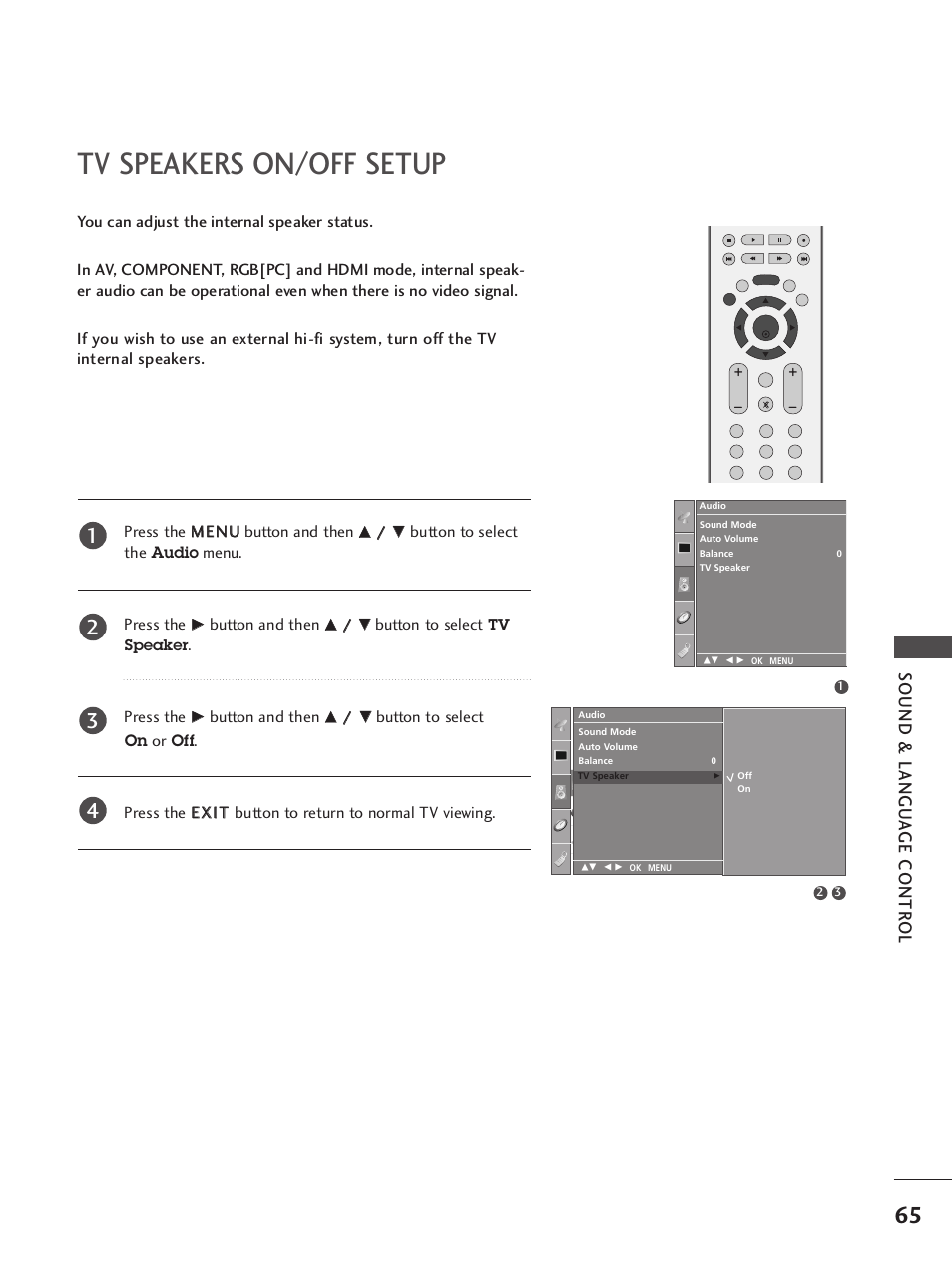 Tv speakers on/off setup, Sound & langu a ge contr ol | LG 42LB9R User Manual | Page 67 / 88