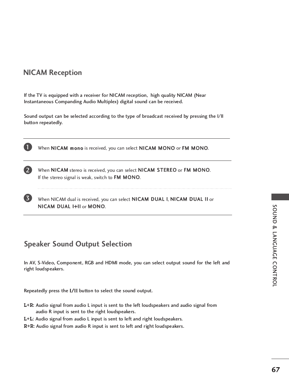 Nicam reception, Speaker sound output selection | LG 42LB9R User Manual | Page 69 / 88