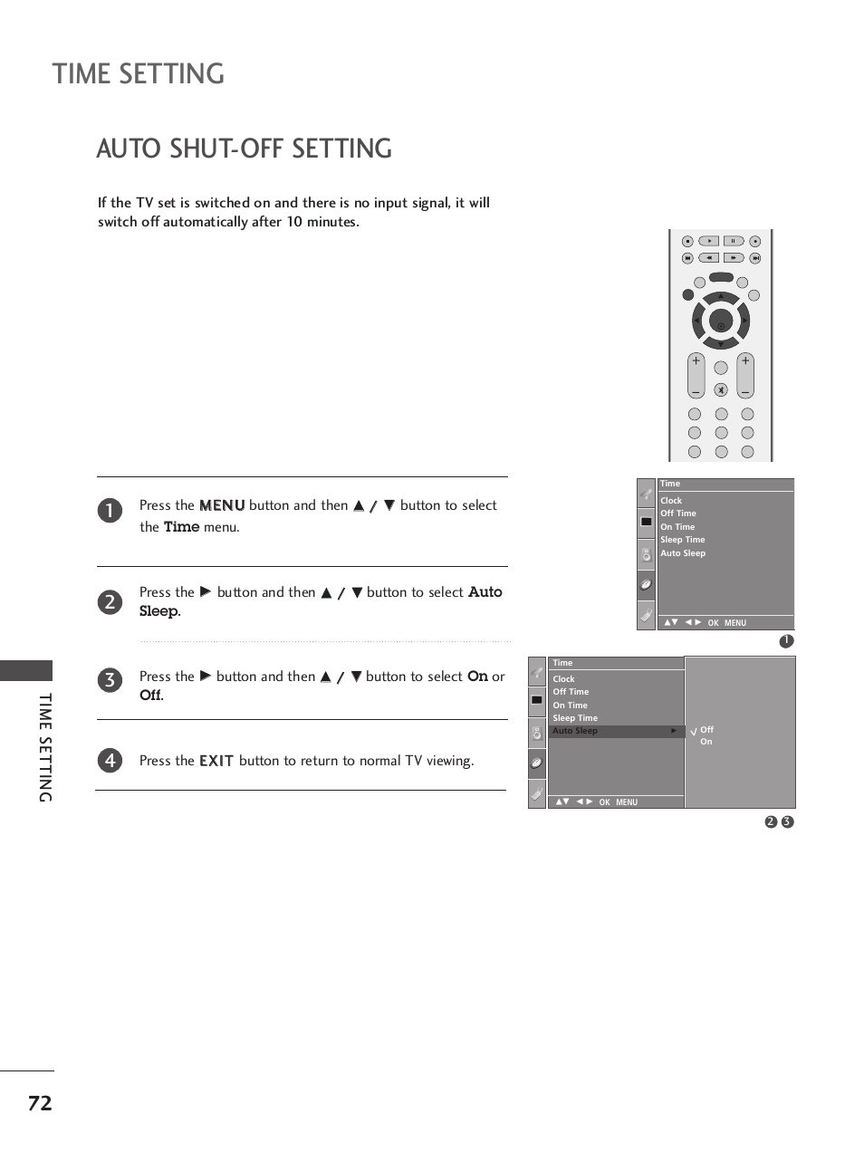 Auto shut-off setting, Time setting, Button to select the time menu. press the | Button and then, Button to select auto sleep . press the | LG 42LB9R User Manual | Page 74 / 88