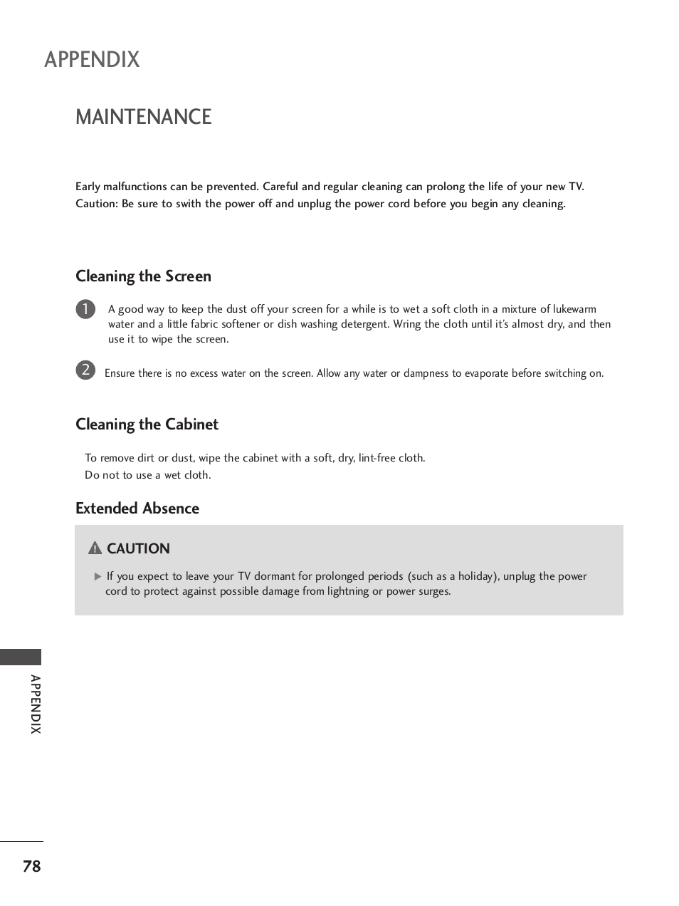 Maintenance, Appendix, Cleaning the screen | Cleaning the cabinet, Extended absence | LG 42LB9R User Manual | Page 80 / 88