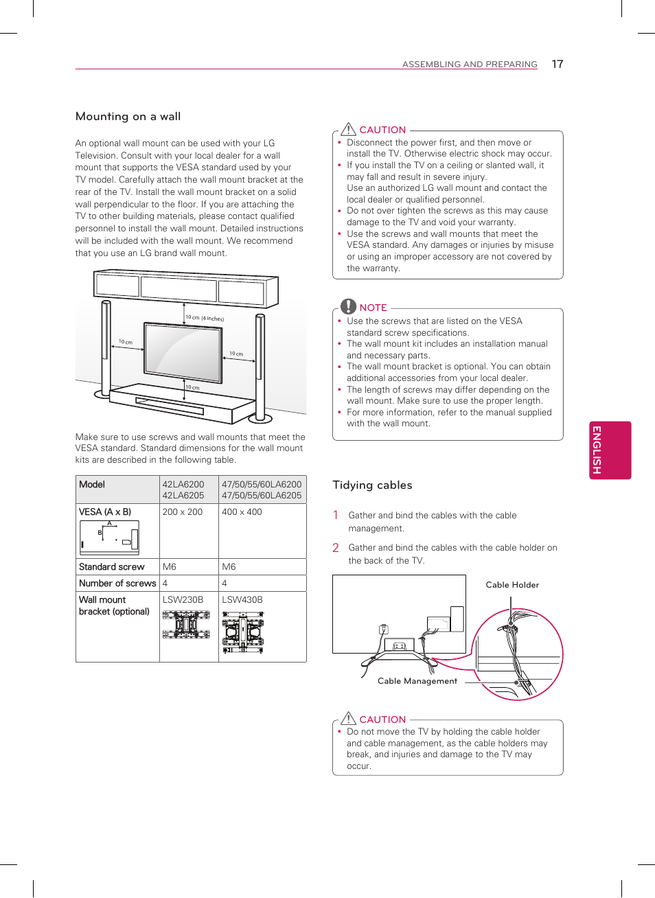 Mounting on a wall, Tidying cables 1 | LG 42LA6200 User Manual | Page 17 / 40