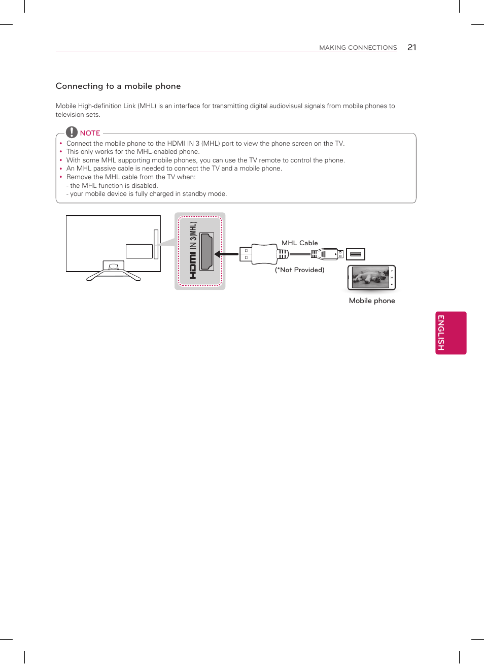 Dvi to hdmi connection, Connecting to a mobile phone | LG 42LA6200 User Manual | Page 21 / 40