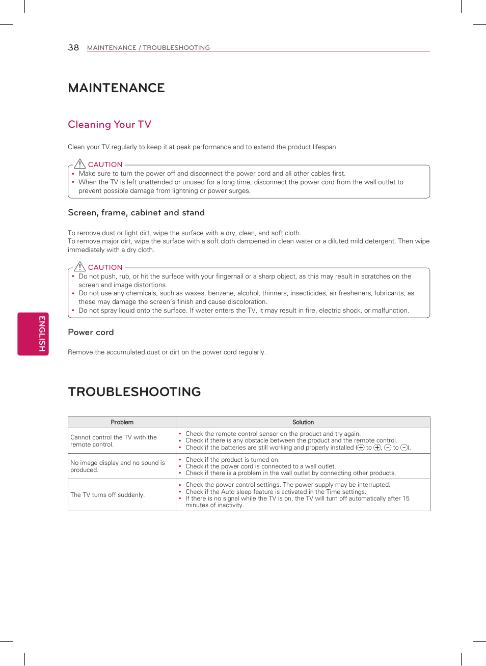 Maintenance, Troubleshooting, Cleaning your tv | Screen, frame, cabinet and stand, Power cord | LG 42LA6200 User Manual | Page 38 / 40