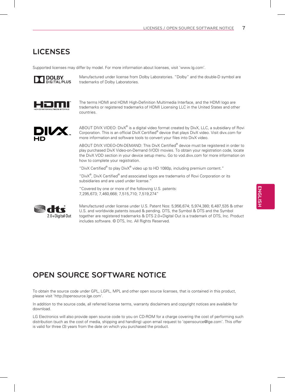 Licenses, Open source software notice | LG 42LA6200 User Manual | Page 7 / 40