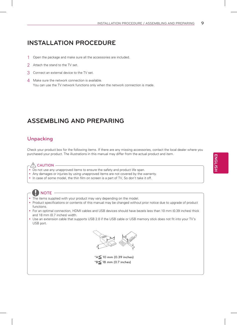 Installation procedure, Assembling and preparing, Unpacking | LG 42LA6200 User Manual | Page 9 / 40