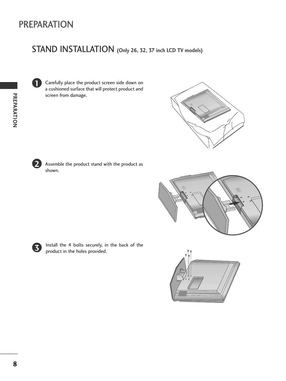 Preparation, Stand installation | LG 37LC51 User Manual | Page 10 / 84