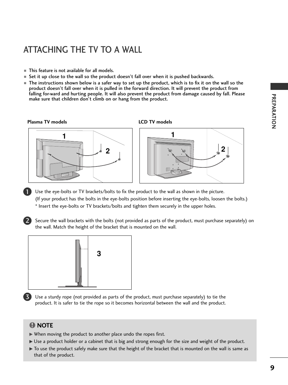 Attaching the tv to a wall | LG 37LC51 User Manual | Page 11 / 84