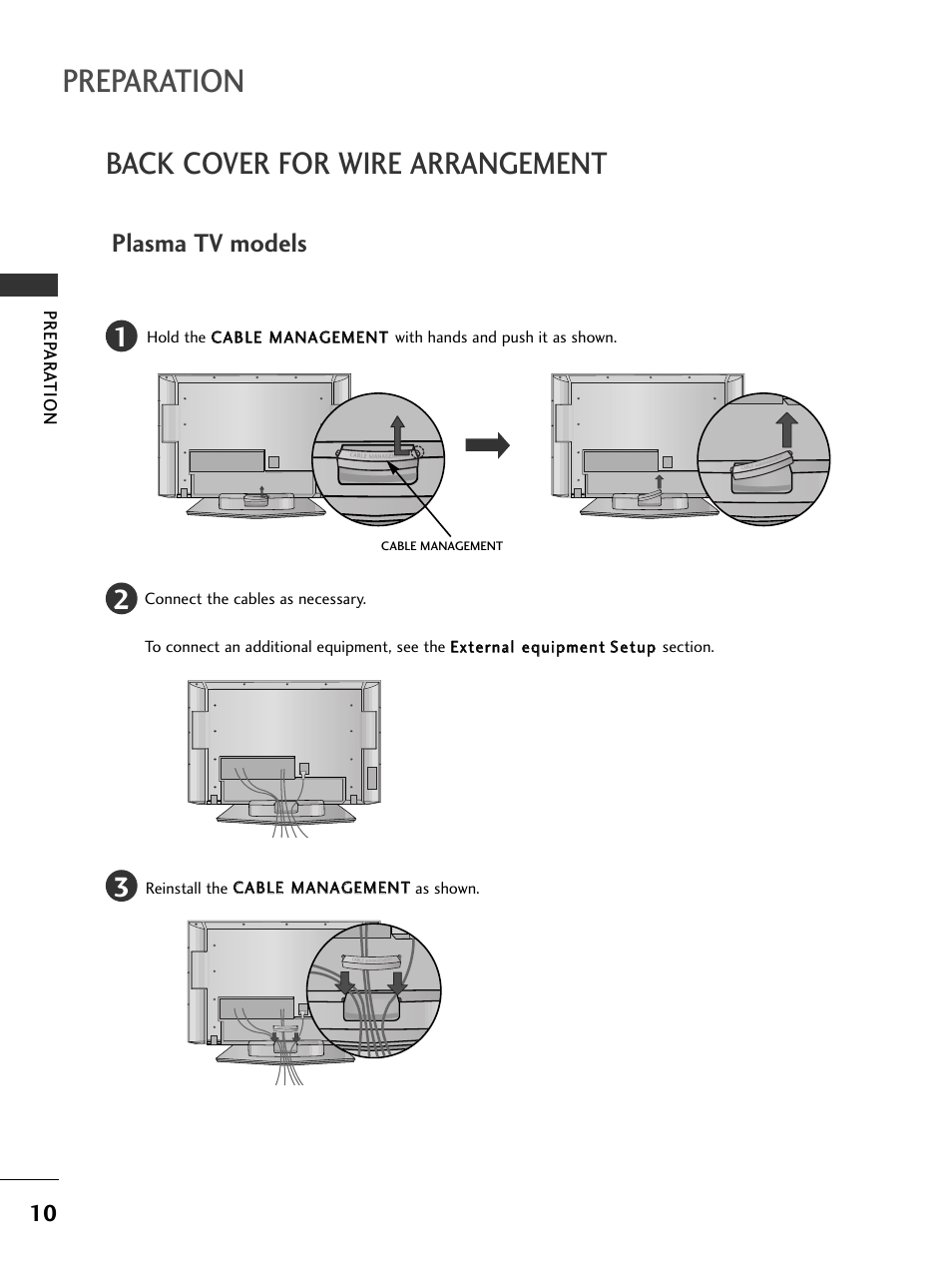 Back cover for wire arrangement, Preparation, Plasma tv models | LG 37LC51 User Manual | Page 12 / 84