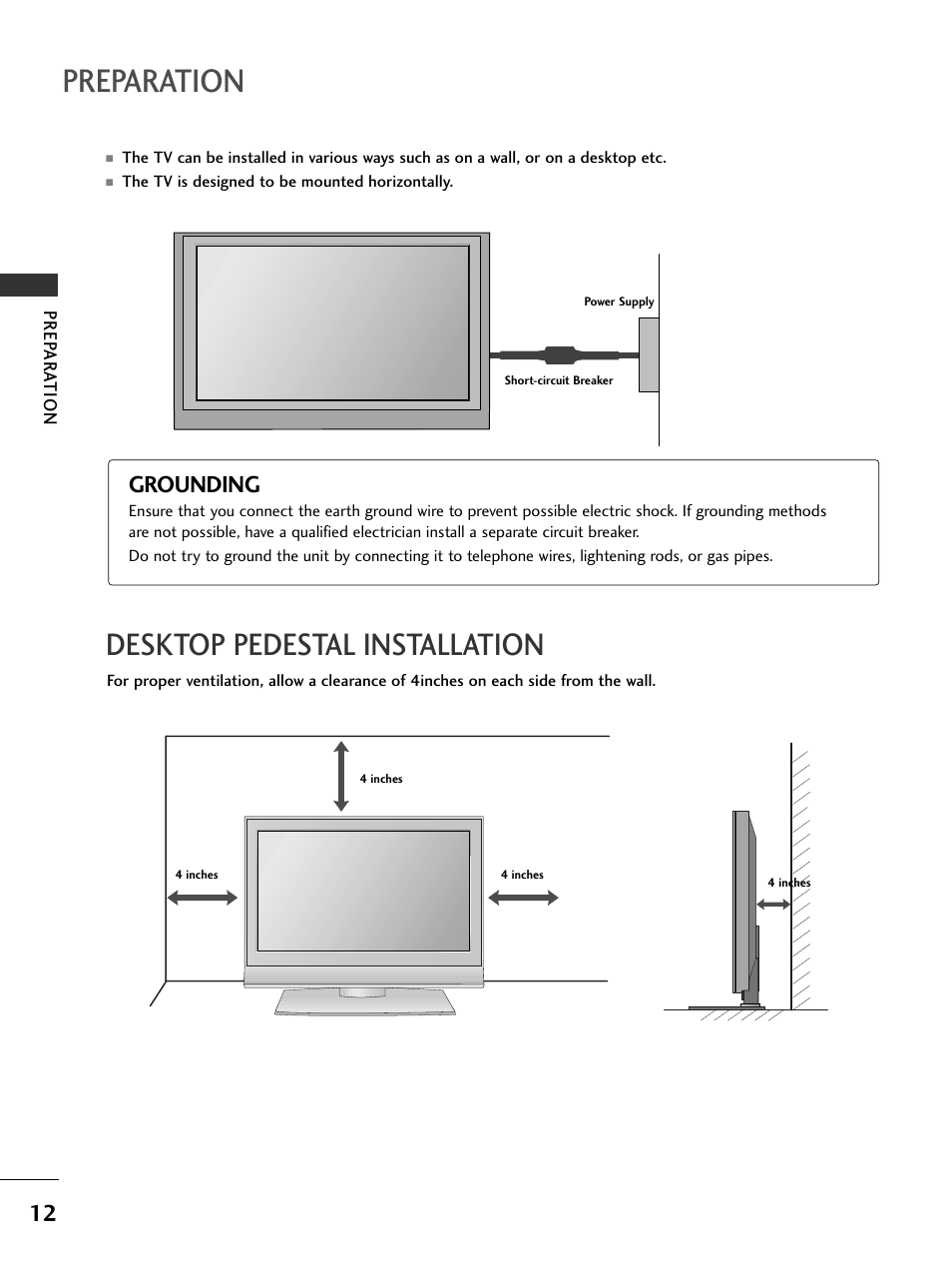 Desktop pedestal installation, Preparation, Grounding | LG 37LC51 User Manual | Page 14 / 84