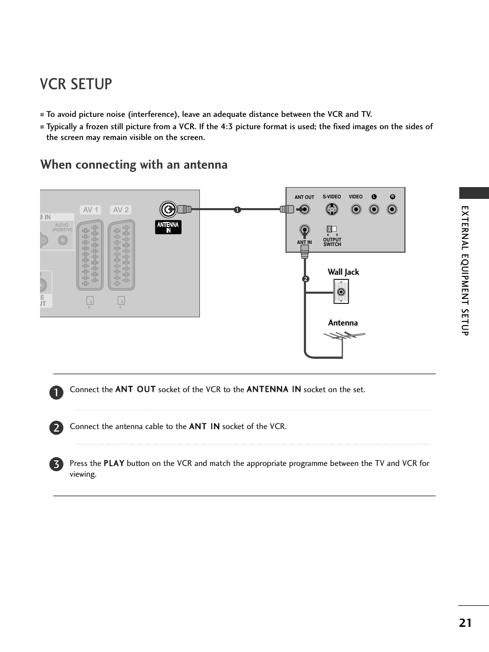 Vcr setup, When connecting with an antenna, External eq uipment setup | LG 37LC51 User Manual | Page 23 / 84