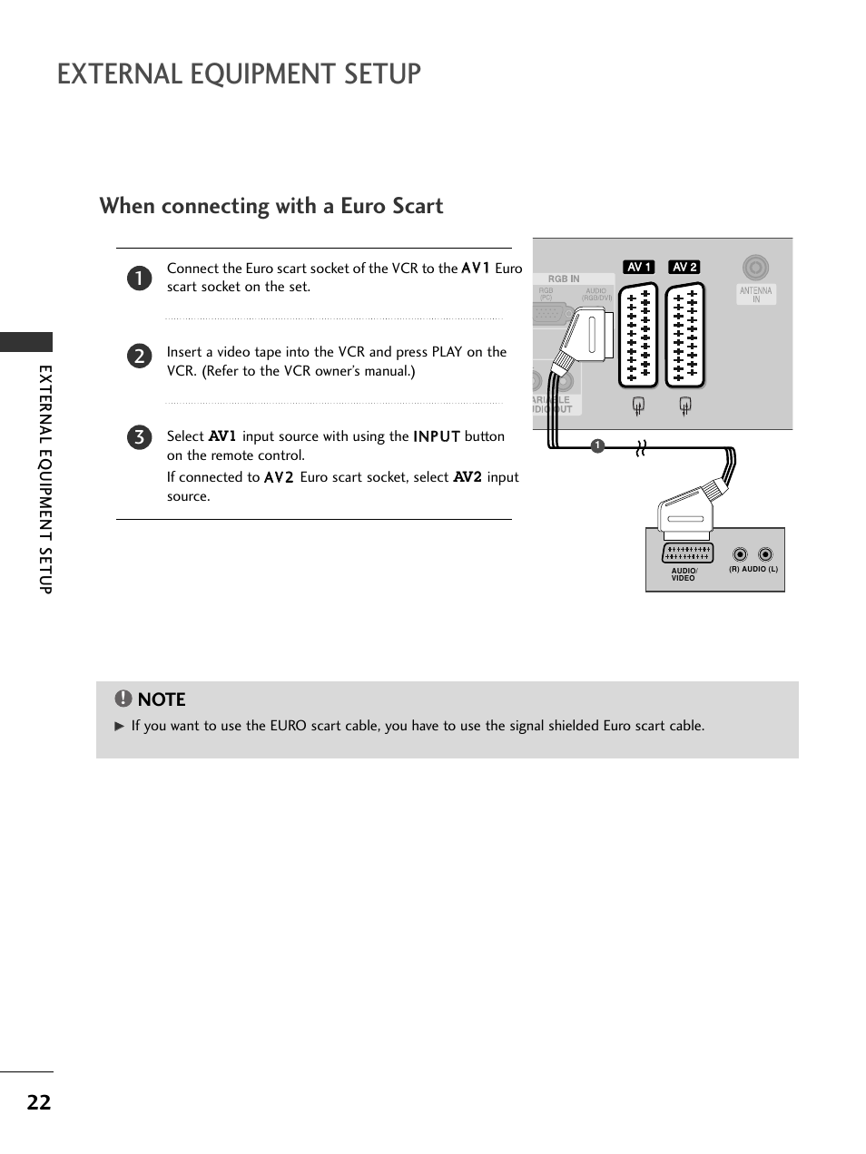 When connecting with a euro scart, External equipment setup, External eq uipment setup | LG 37LC51 User Manual | Page 24 / 84