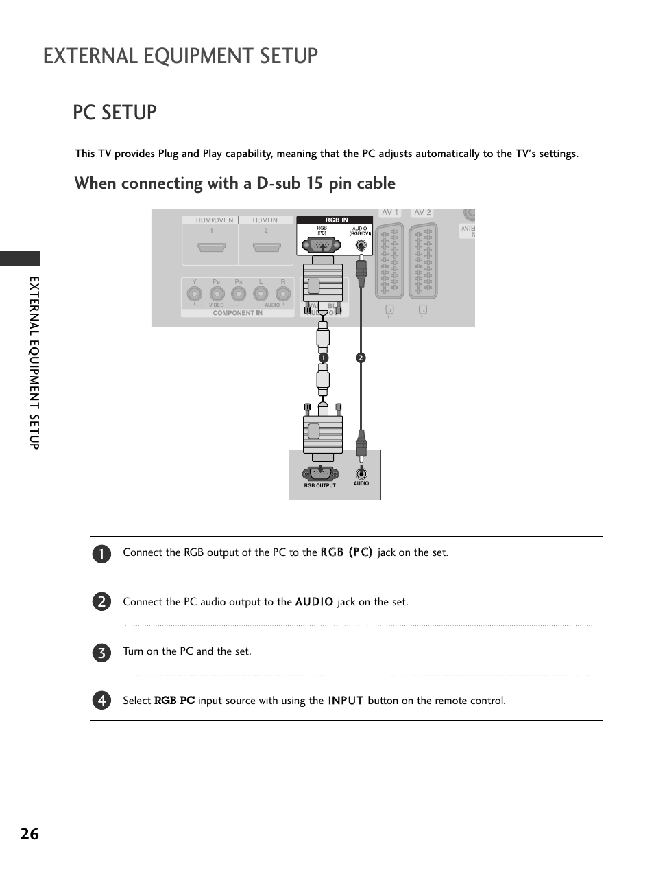 Pc setup, When connecting with a d-sub 15 pin cable, External equipment setup | LG 37LC51 User Manual | Page 28 / 84