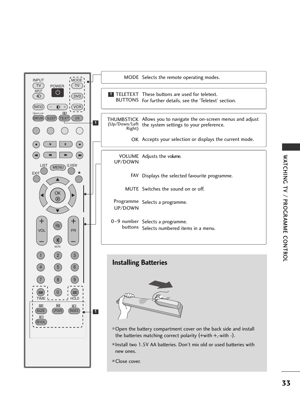 Installing batteries, Wa tching tv / pr ogr amme contr ol | LG 37LC51 User Manual | Page 35 / 84
