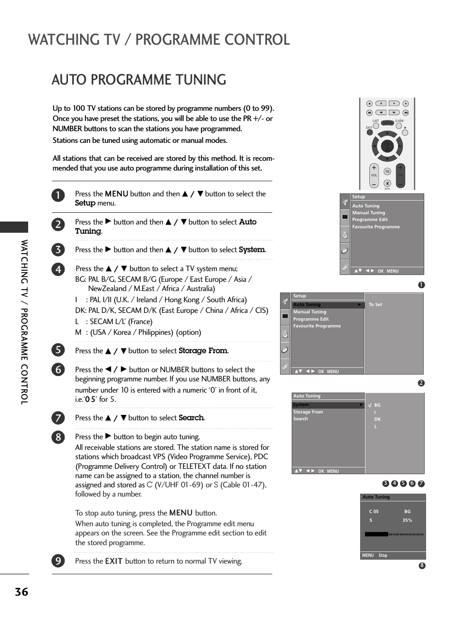 Auto programme tuning, Watching tv / programme control, Wa tching tv / pr ogr amme contr ol | LG 37LC51 User Manual | Page 38 / 84