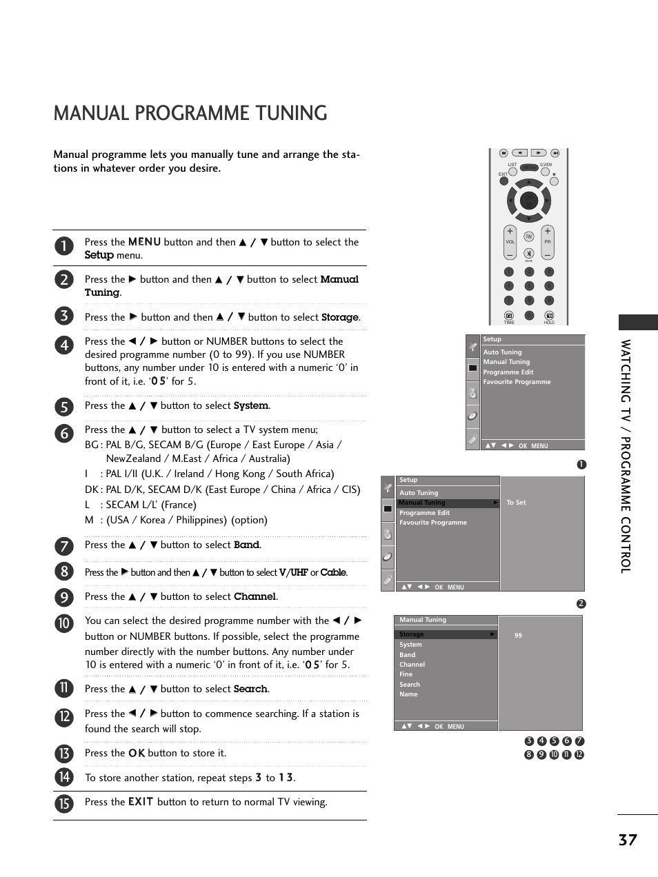 Manual programme tuning, Wa tching tv / pr ogr amme contr ol | LG 37LC51 User Manual | Page 39 / 84
