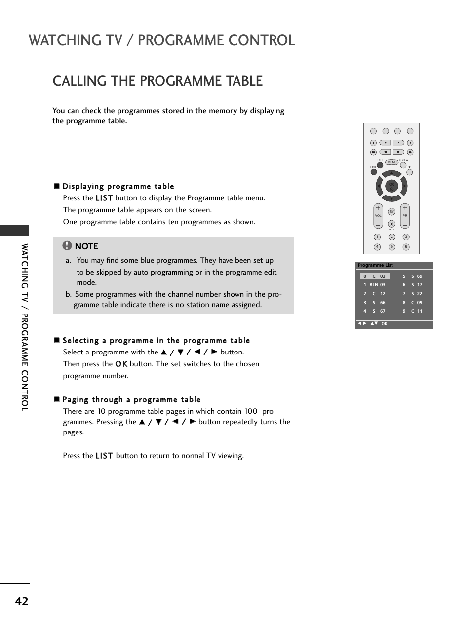 Calling the programme table, Watching tv / programme control, Wa tching tv / pr ogr amme contr ol | LG 37LC51 User Manual | Page 44 / 84