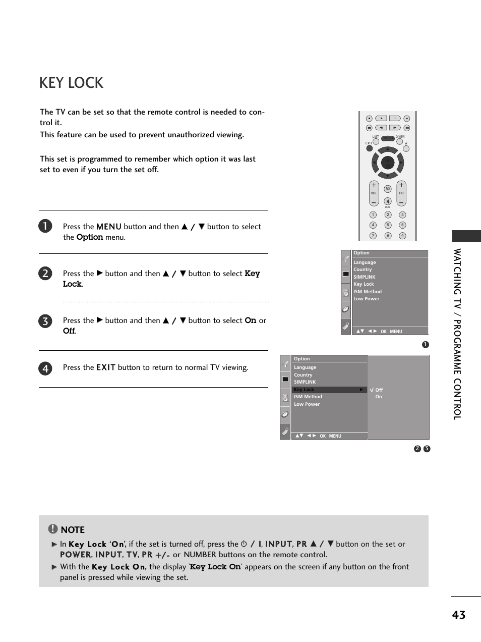 Key lock, Wa tching tv / pr ogr amme contr ol | LG 37LC51 User Manual | Page 45 / 84
