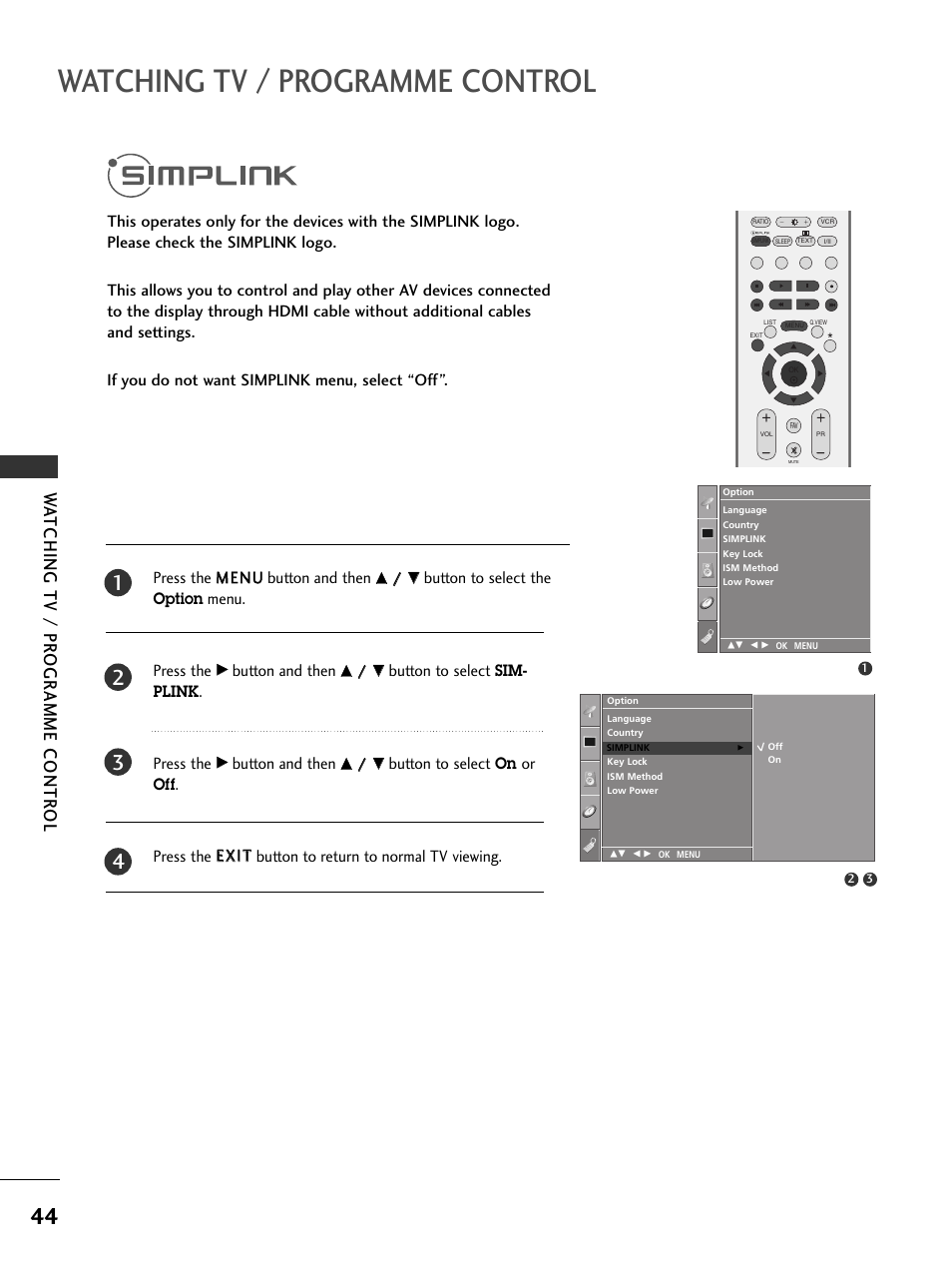 Simplink, Watching tv / programme control, Wa tching tv / pr ogr amme contr ol | LG 37LC51 User Manual | Page 46 / 84