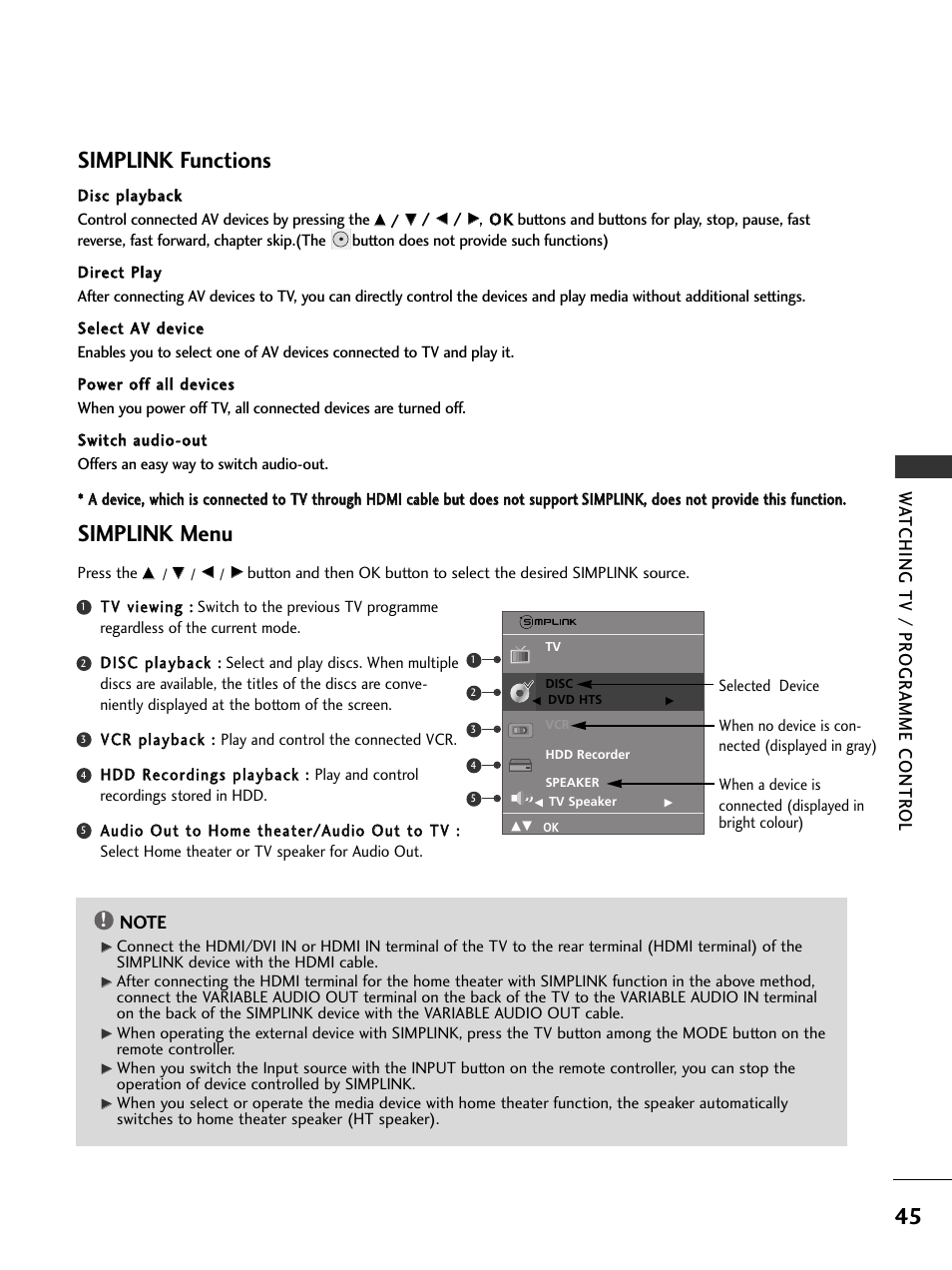 Simplink functions, Simplink menu, Wa tching tv / pr ogr amme contr ol | LG 37LC51 User Manual | Page 47 / 84