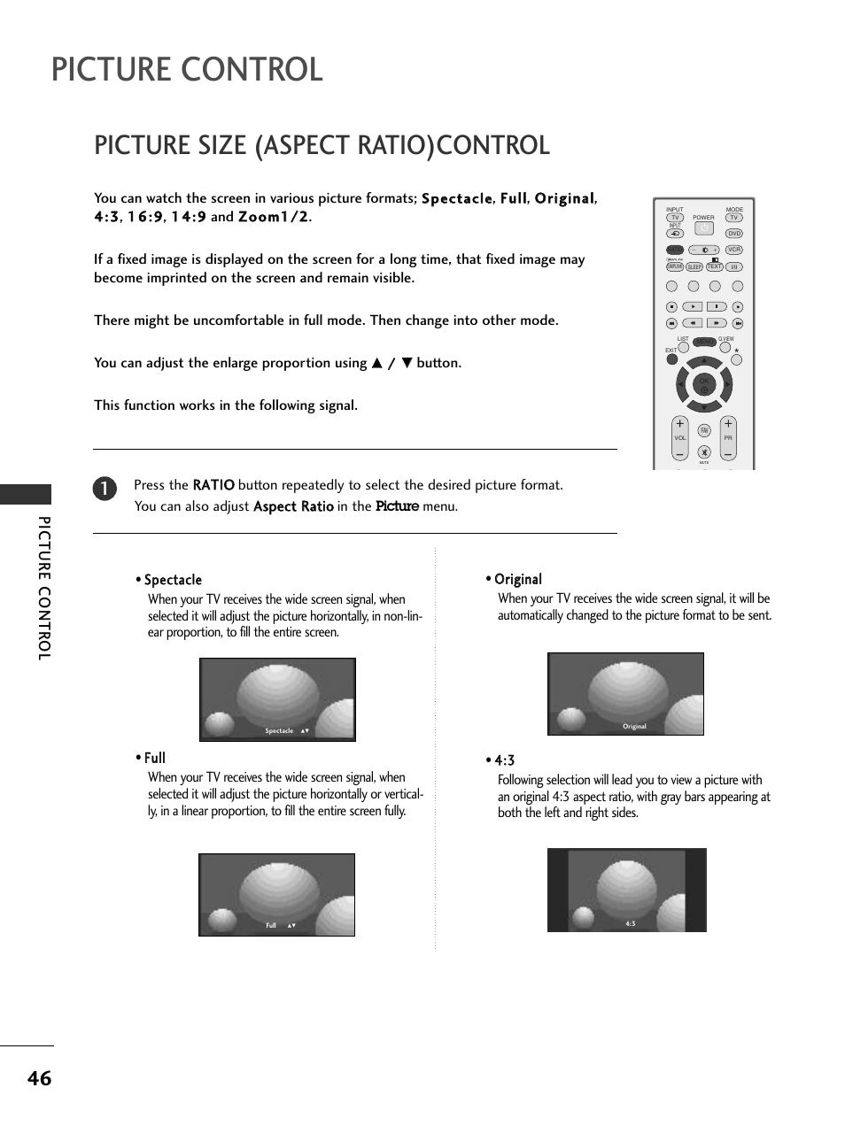 Picture control, Picture size (aspect ratio)control, Picture contr ol | LG 37LC51 User Manual | Page 48 / 84