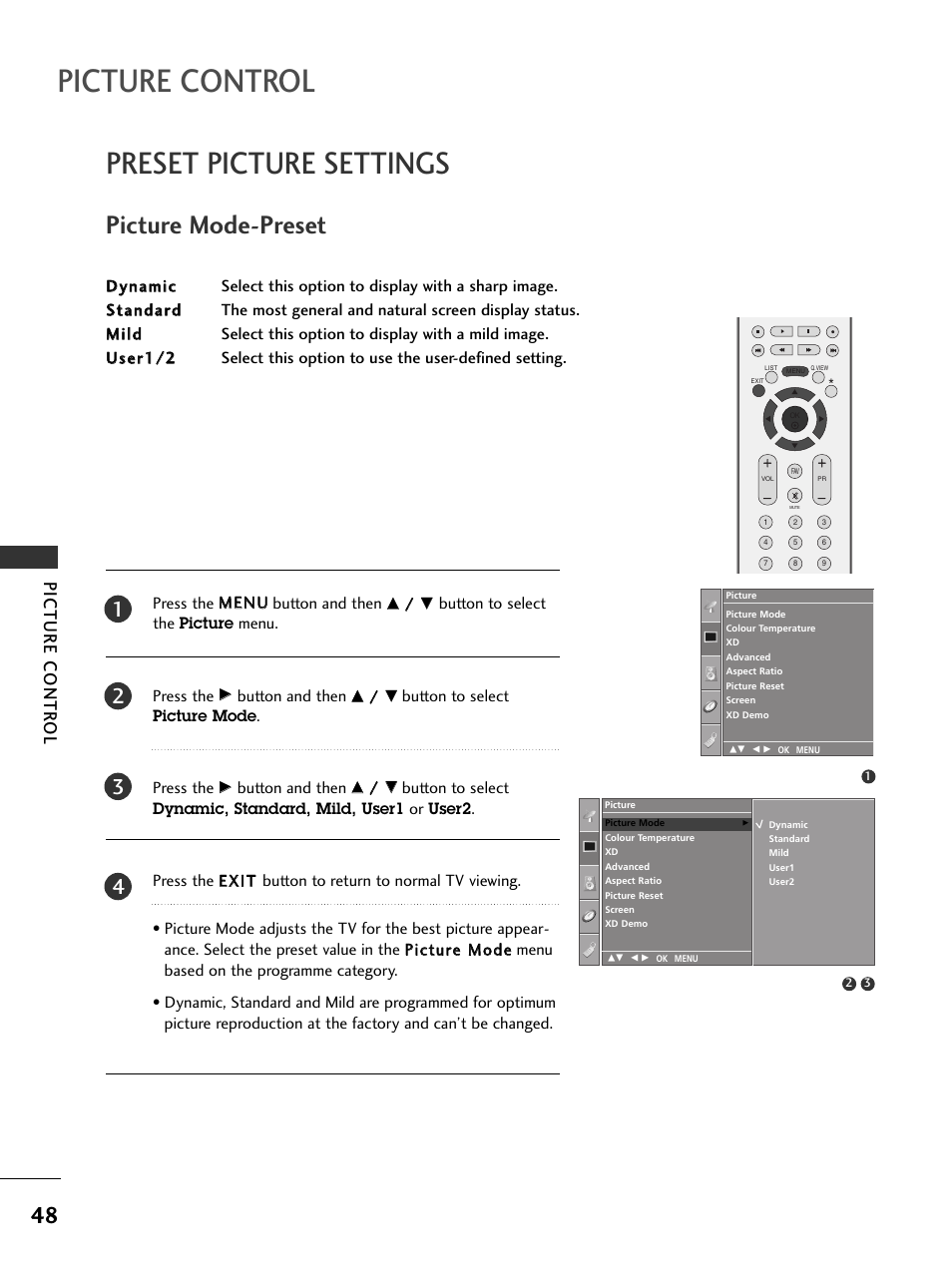 Preset picture settings, Picture mode-preset, Picture control | Picture contr ol | LG 37LC51 User Manual | Page 50 / 84