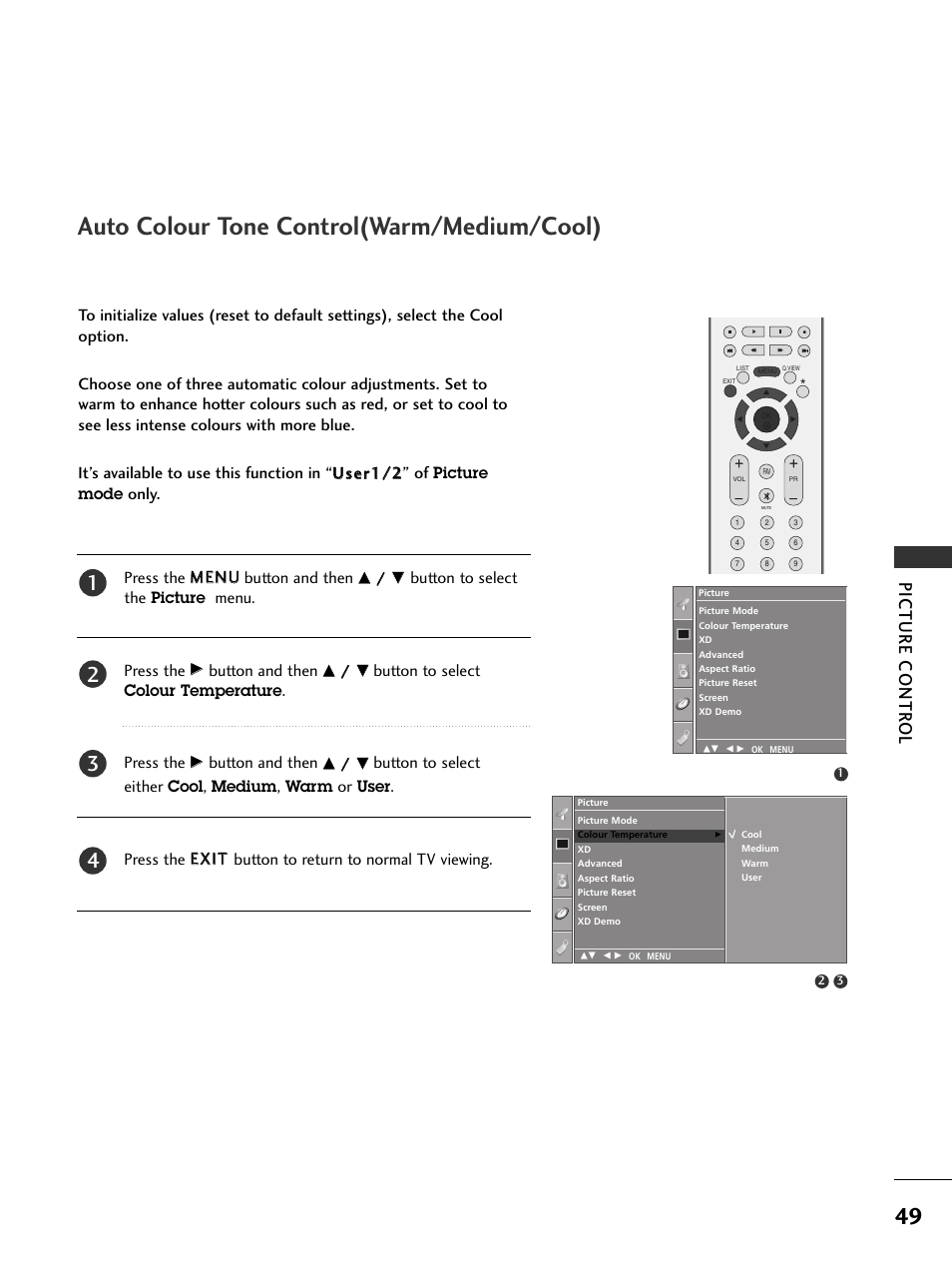 Auto colour tone control(warm/medium/cool), Picture contr ol, Button to select the picture menu. press the | Button and then, Button to select colour temperature . press the | LG 37LC51 User Manual | Page 51 / 84