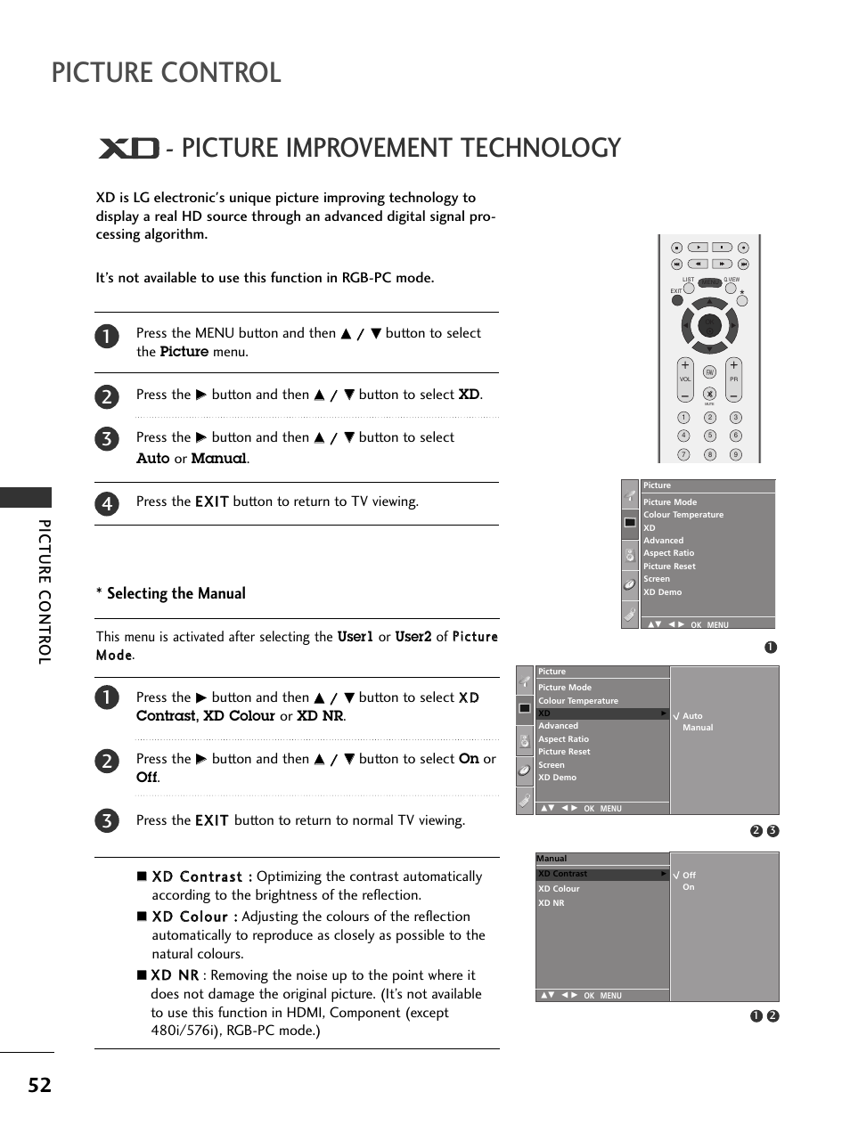 Xd- picture improvement technology, Picture control, Picture improvement technology | Picture contr ol, Selecting the manual | LG 37LC51 User Manual | Page 54 / 84