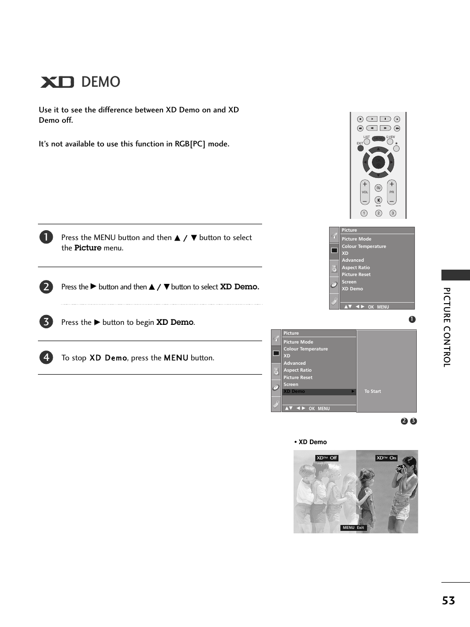 Xd demo, Demo, Picture contr ol | Button to select the picture menu. press the, Button and then, Button to select xd demo. press the | LG 37LC51 User Manual | Page 55 / 84