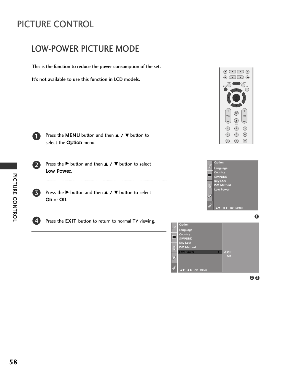 Low-power picture mode, Picture control, Picture contr ol | LG 37LC51 User Manual | Page 60 / 84