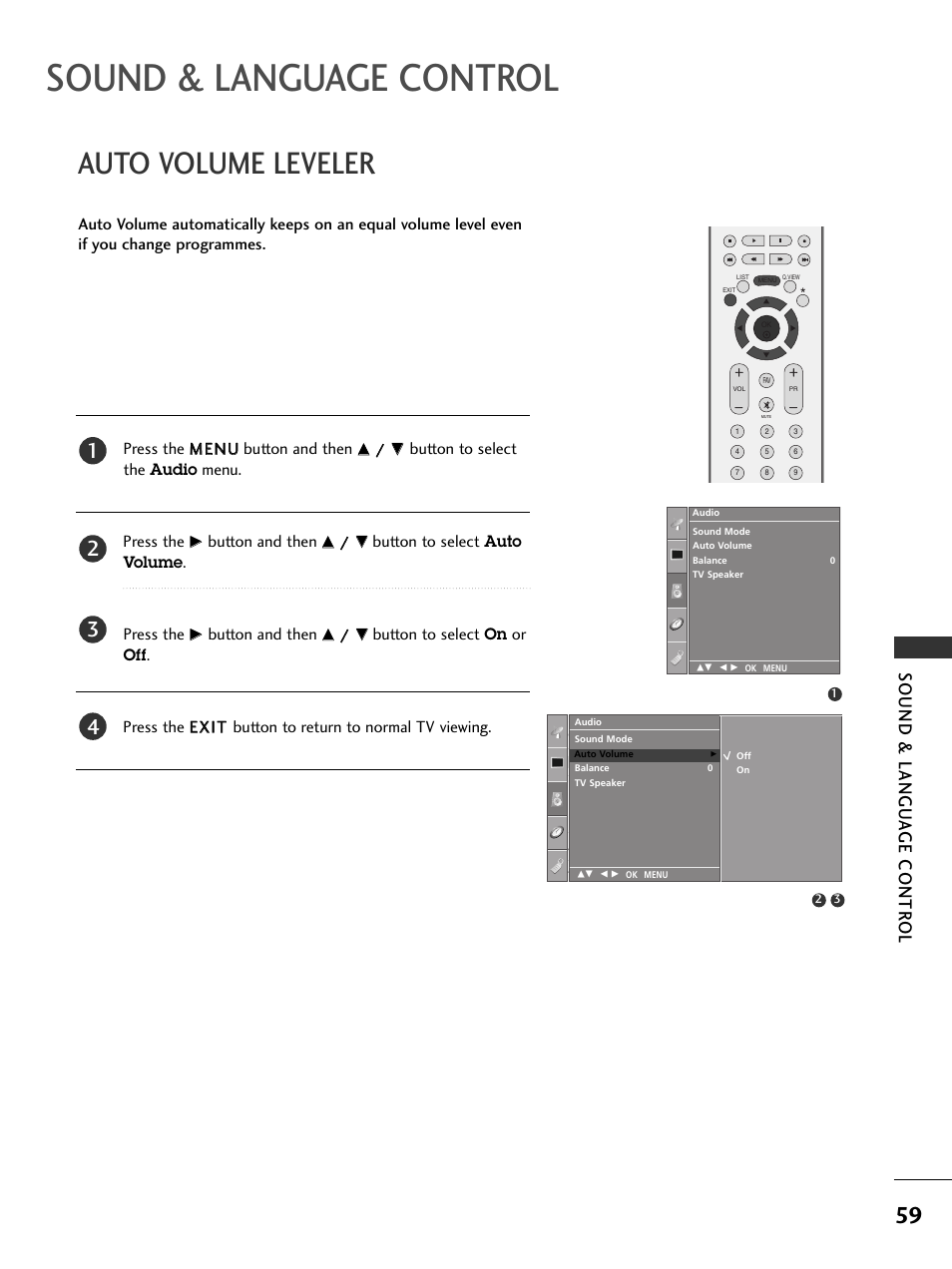 Sound & language control, Auto volume leveler, Sound & langu a ge contr ol | LG 37LC51 User Manual | Page 61 / 84