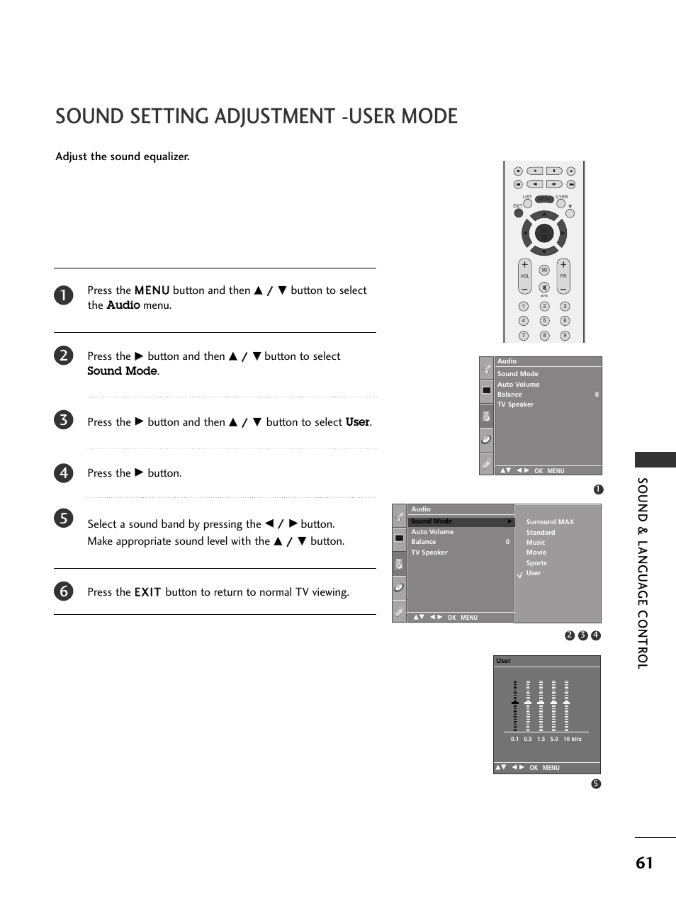 Sound setting adjustment -user mode, Sound & langu a ge contr ol | LG 37LC51 User Manual | Page 63 / 84