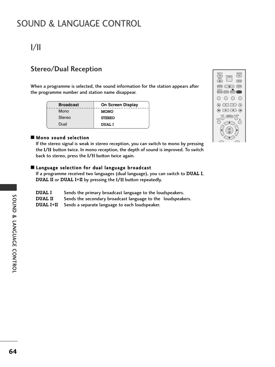 I/ii, Stereo/dual reception, Sound & language control | Sound & langu a ge contr ol | LG 37LC51 User Manual | Page 66 / 84