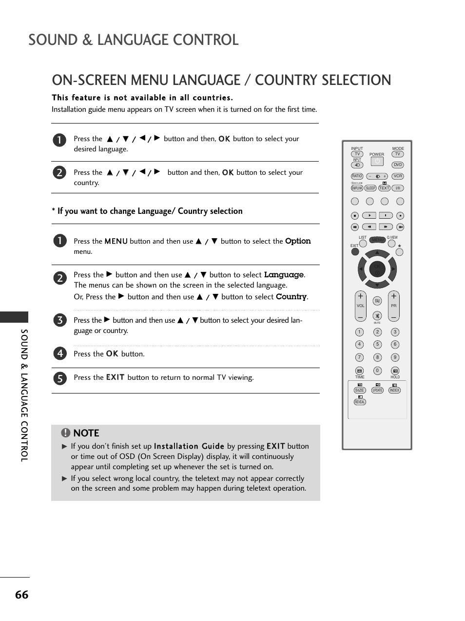 On-screen menu language / country selection, Sound & language control, Sound & langu a ge contr ol | If you want to change language/ country selection | LG 37LC51 User Manual | Page 68 / 84