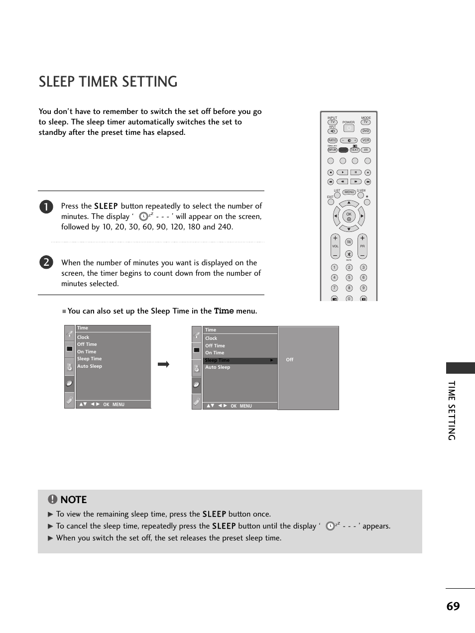 Sleep timer setting, Time setting | LG 37LC51 User Manual | Page 71 / 84