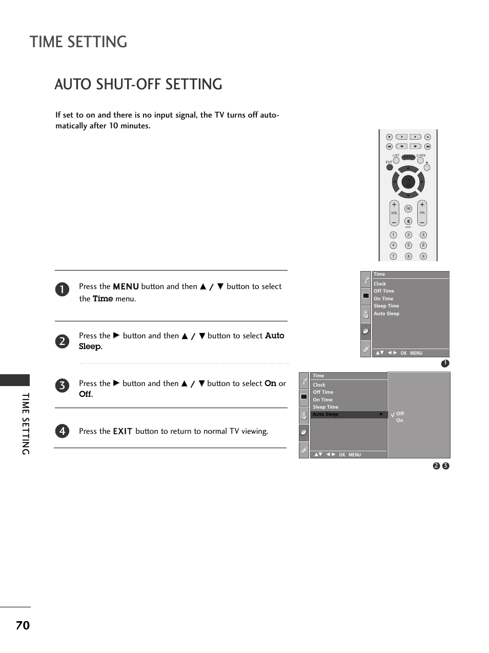 Auto shut-off setting, Time setting | LG 37LC51 User Manual | Page 72 / 84