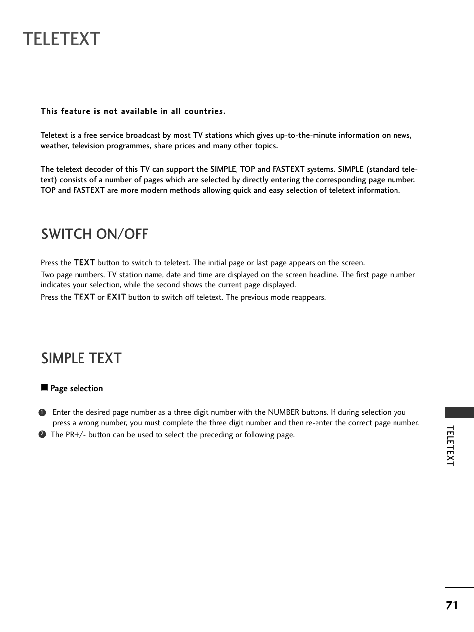 Teletext, Switch on/off, Simple text | LG 37LC51 User Manual | Page 73 / 84