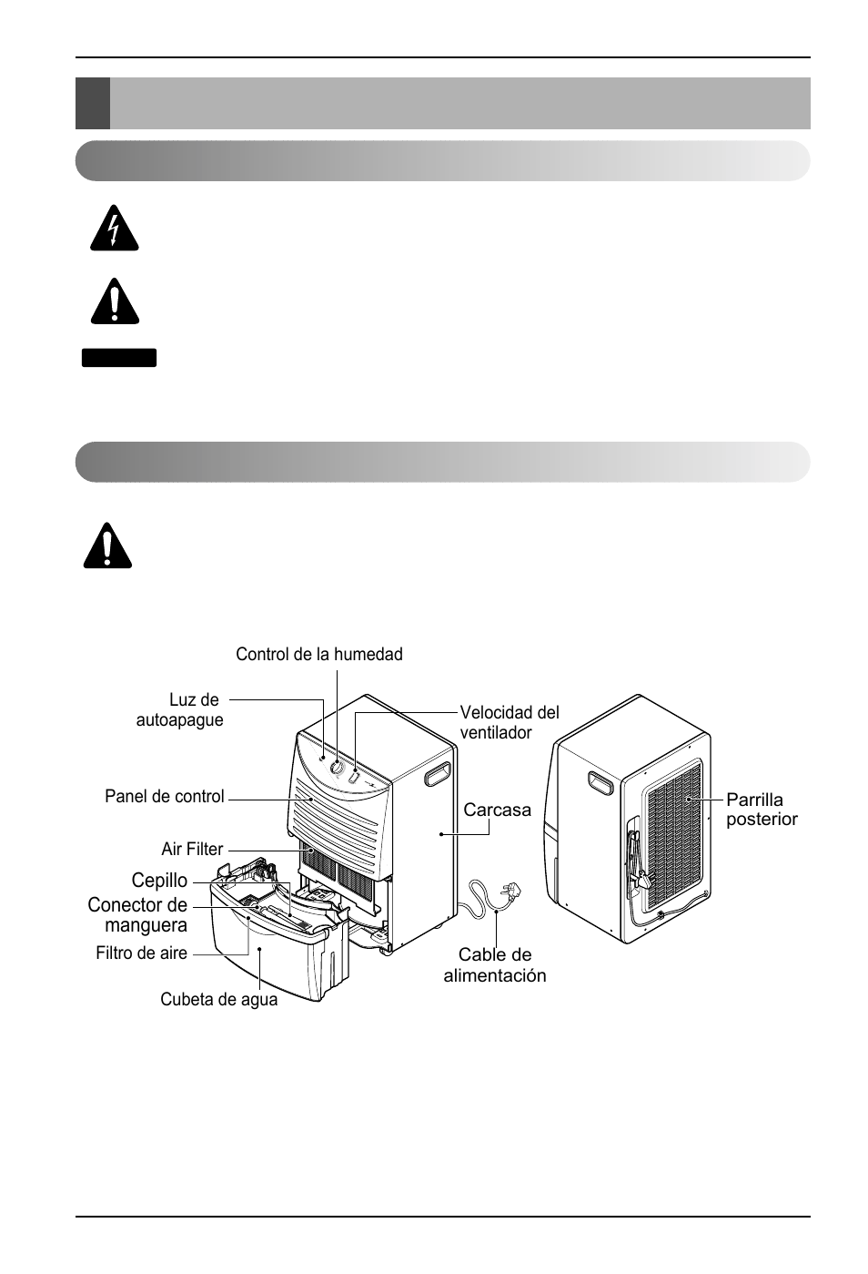 Instrucción, Símbolos utilizados en este manual caracteríticas, Cepillo conector de manguera | Cubeta de agua | LG ZD30 User Manual | Page 24 / 35
