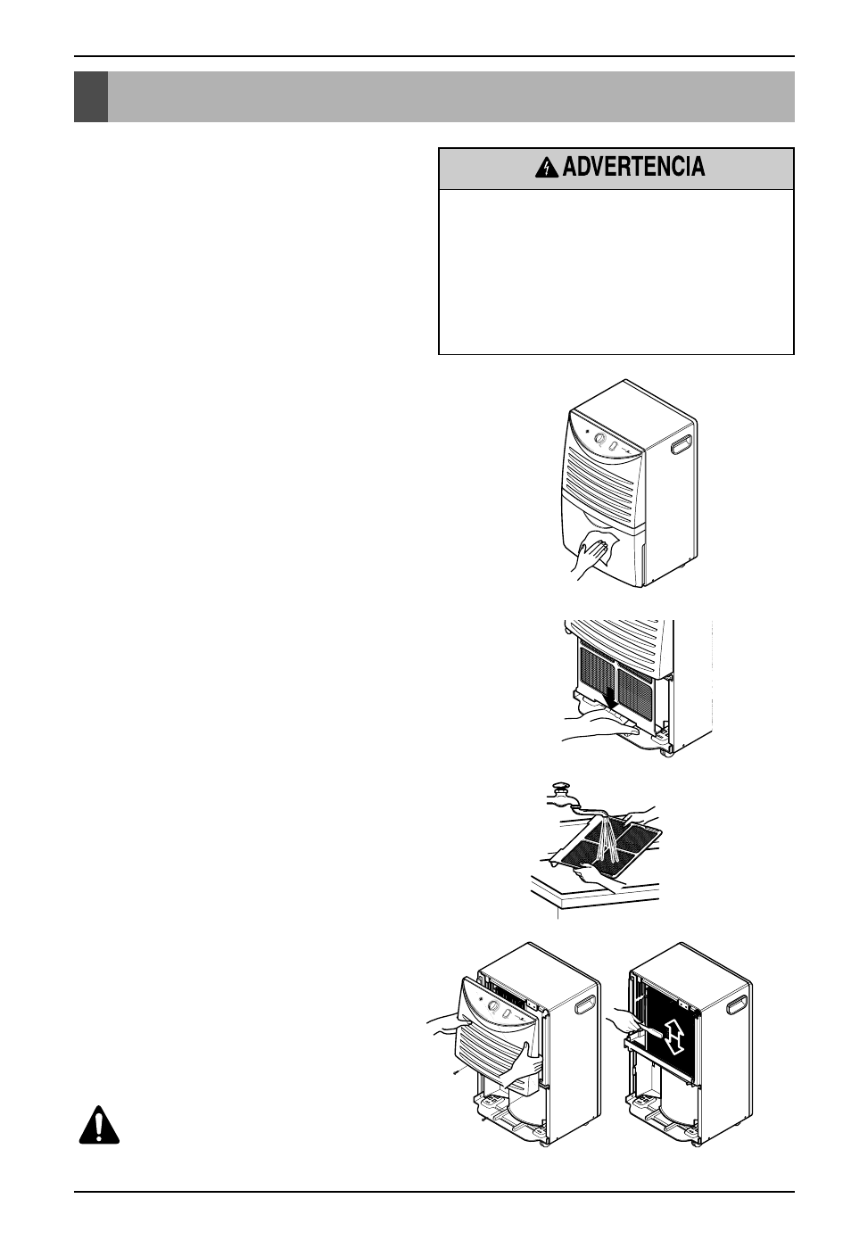 Cuidados y mantenimiento, Limpieza del panel frontal, cubeta y carcasa, Limpieza del filtro de aire | Limpieza del serpentín, 30 deshumidificador cuidados y mantenimiento | LG ZD30 User Manual | Page 30 / 35