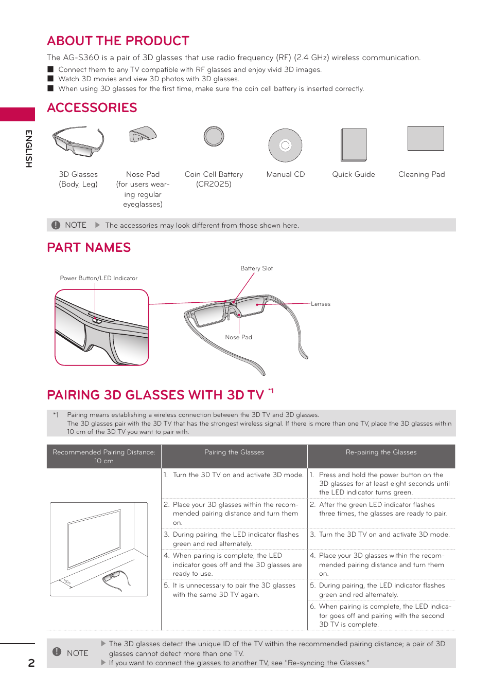 About the product, Accessories, Part names | Pairing 3d glasses with 3d tv | LG AG-S360 User Manual | Page 2 / 6